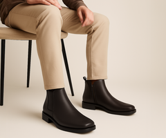 THE ASHFORD Men's Stylish Vegan Leather Chelsea Boots with Side Zipper & Elastic Panel, Square Toe Ankle Boot (Tan / Black / Brown)