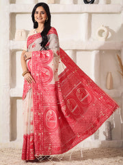 Elegant Woven Linen Cotton Saree for Durga Puja & Diwali | Ethnic Motif Design with Rich Zari Border | Soft, Breathable, Festive-Ready Traditional Drape