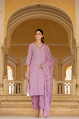 Women Lavender V Neck Thread Embroidered Kurta Paired With Printed Bottom And Dupatta