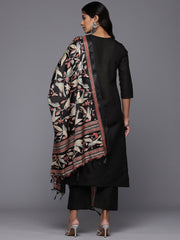 Women Solid Black V Neck Straight Kurta Set With Printed Dupatta