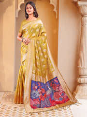 Floral Linen Cotton Saree with Zari Border & Digital Printed Pallu - Elegant Sari for Festive Occasions