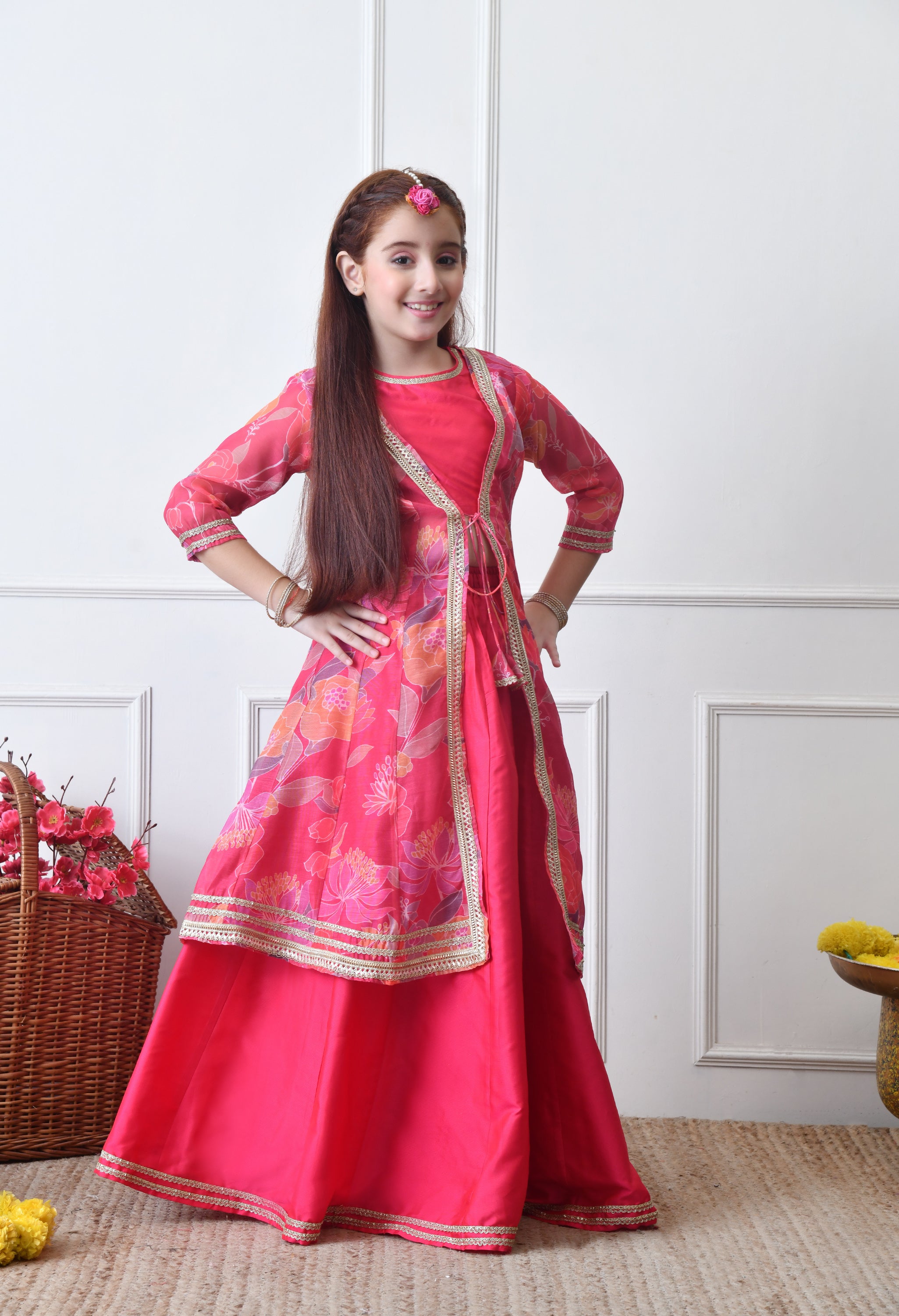 Girls Festive Pink Lehenga Choli with Printed Jacket Set