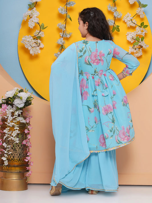 Girls Blue Floral Printed Kurta with Sharara With dupatta