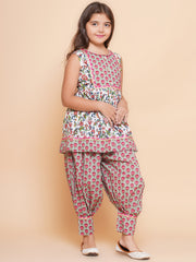 Girls Off white Printed Short Kurta with Afgani Salwar