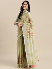 Royal Beige Linen Cotton Saree with Vibrant Floral Zari Border | Premium Festive & Party Collection