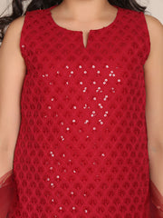 Silk blend Woven Sleeveless Embroidered Flared Kurta And Skirt With Dupatta Set - Maroon