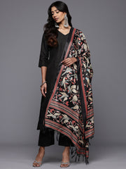 Women Solid Black V Neck Straight Kurta Set With Printed Dupatta