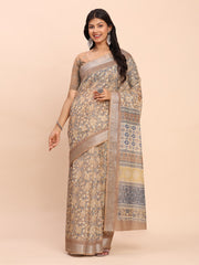 Soft Linen Cotton Saree for Women with Blouse | Elegant Cream Beige Saree with Peach Floral Print & Subtle Zari Border | Lightweight Daily & Festive Wear