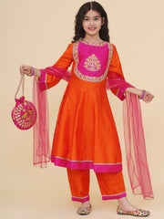 Solid Three-Fourth Sleeves Above Knee Length Silk Kurta & Trousers With Dupatta - Orange
