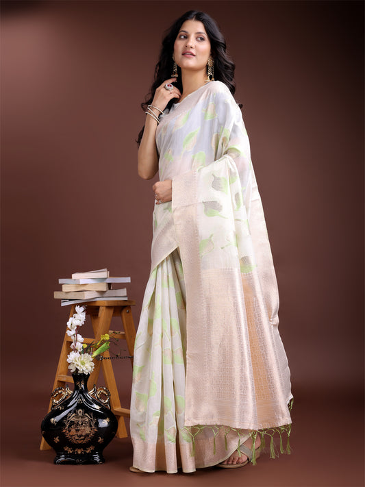 Elegant White & Light Green Leaf Print Cotton Saree for Women with Zari Border & Tassels – Soft & Lightweight Daily Wear Saree