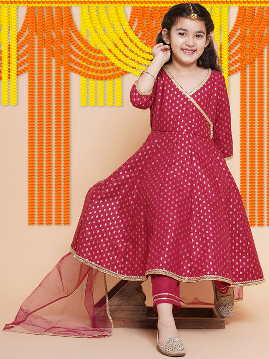 Girls Ethnic Motifs Printed Angrakha Pure Cotton Kurta with Trousers & Dupatta