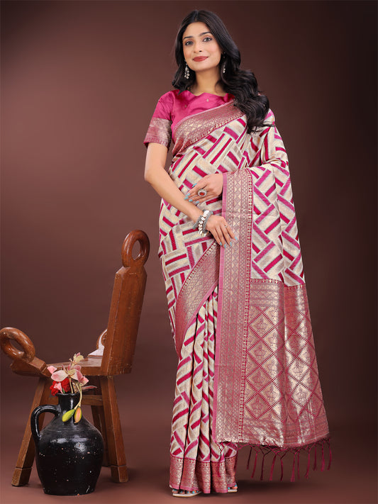 Elegant Pink & Cream Linen Saree with Geometric Design and Zari Border – Festive & Party Wear