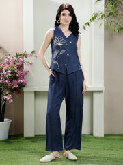 Embroidered V-Neck Waistcoat With Trousers Co-Ords