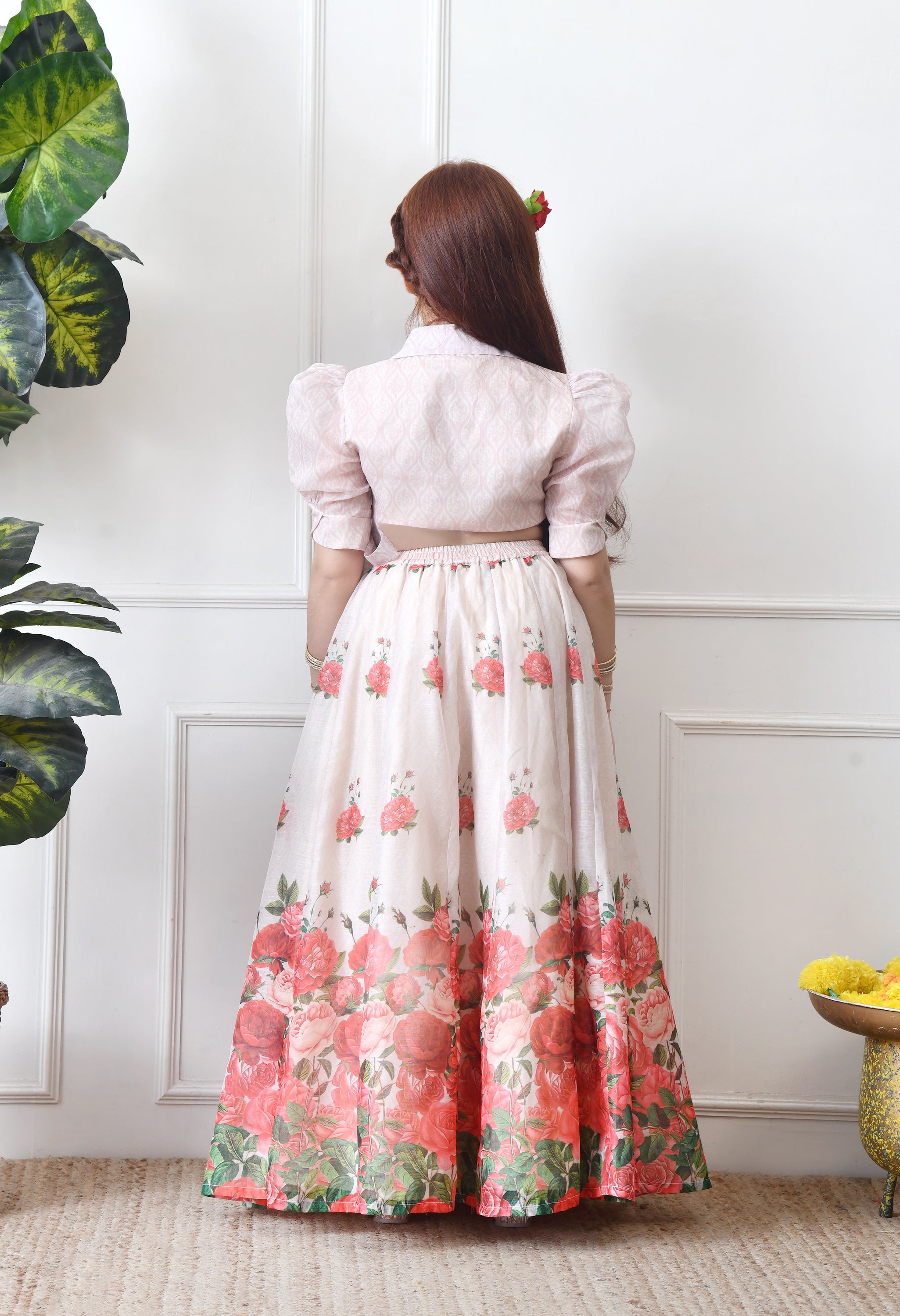 Girls Floral Printed Lehenga Choli Set Cream Wrap Top with Rose Print Skirt