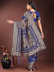Graceful Royal Blue Banarasi Silk Saree with Silver Zari – Perfect Ethnic Wear for Weddings & Festive Moments