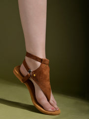 Shoetopia - Stylish Ankle Strap Tan Flat Sandals For Women & Girls
