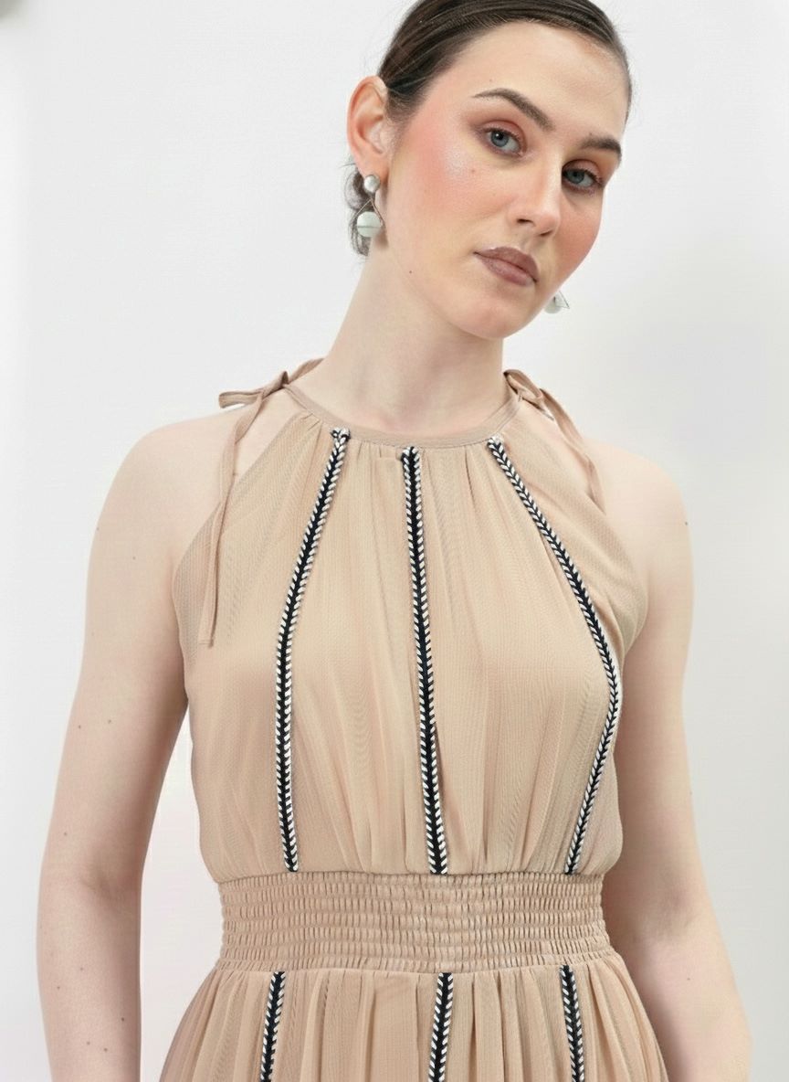 Colourblocked Halter Neck Chiffon A-Line Midi Dress-ADR-19827A
