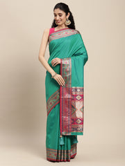 Ethnic Navy Blue Party Wear Saree with Rich Pallu and Contrast Red Zari Border