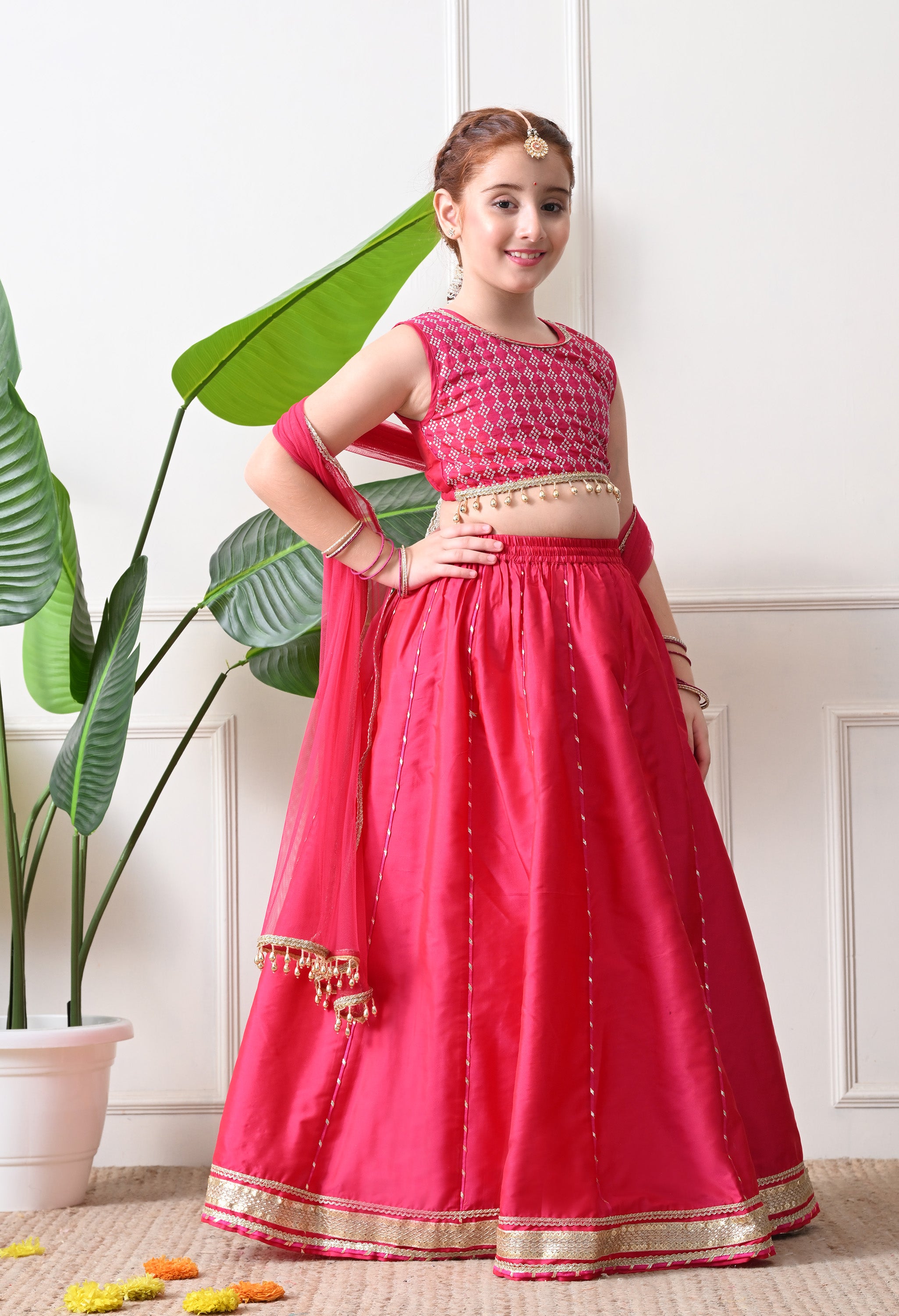 Girls Rani Pink Embroidered Lehenga Choli Set with Dupatta Festive Ethnic Wear