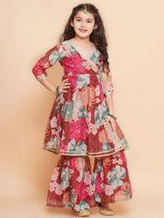 Silk blend Woven Three-Quarter Sleeves Floral Print Flared Kurta And Sharara With Dupatta Set - Maroon