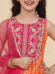 Girls Boho Design Pink Embroidered Choli Orange Bandhej Leheriya Ready to Wear Lehenga With Dupatta
