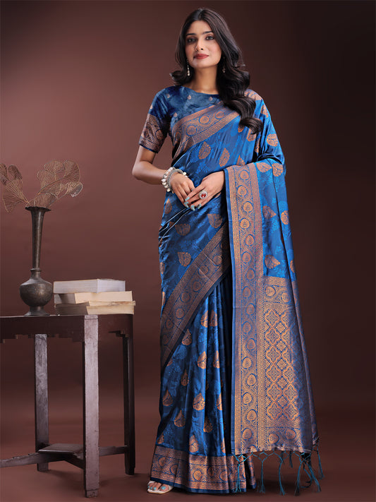 Majestic Royal Blue Banarasi Silk Saree with Golden Zari – Timeless Indian Ethnic Elegance for Weddings & Festive Occasions