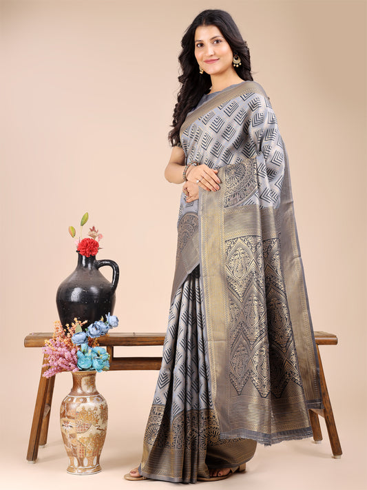 Elegant Grey and Gold Silk Saree – Graceful Artistry with Contemporary Charm