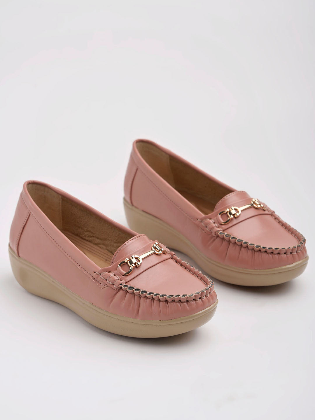 Shoetopia - Upper Metalic Buckle Detailed Peach Loafers For Women & Girls
