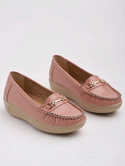 Shoetopia Upper Metalic Buckle Detailed Peach Loafers For Women & Girls