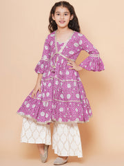 cotton Woven Three-Quarter Sleeves Floral Print Flared Kurta And Sharara Set - Purple