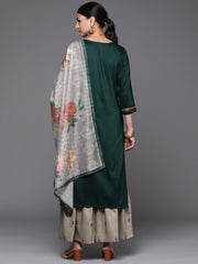 Kalini Women Green Three Quater Sleeve Embroidered Kurta Paired With Sharara And Dupatta