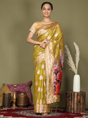 Green Floral Linen Cotton Saree with Zari Border & Digital Printed Pallu – Elegant Sari for Festive Occasions