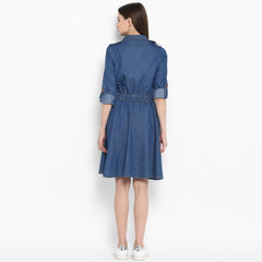 Women's Denim Knee Length Dress with Buttons
