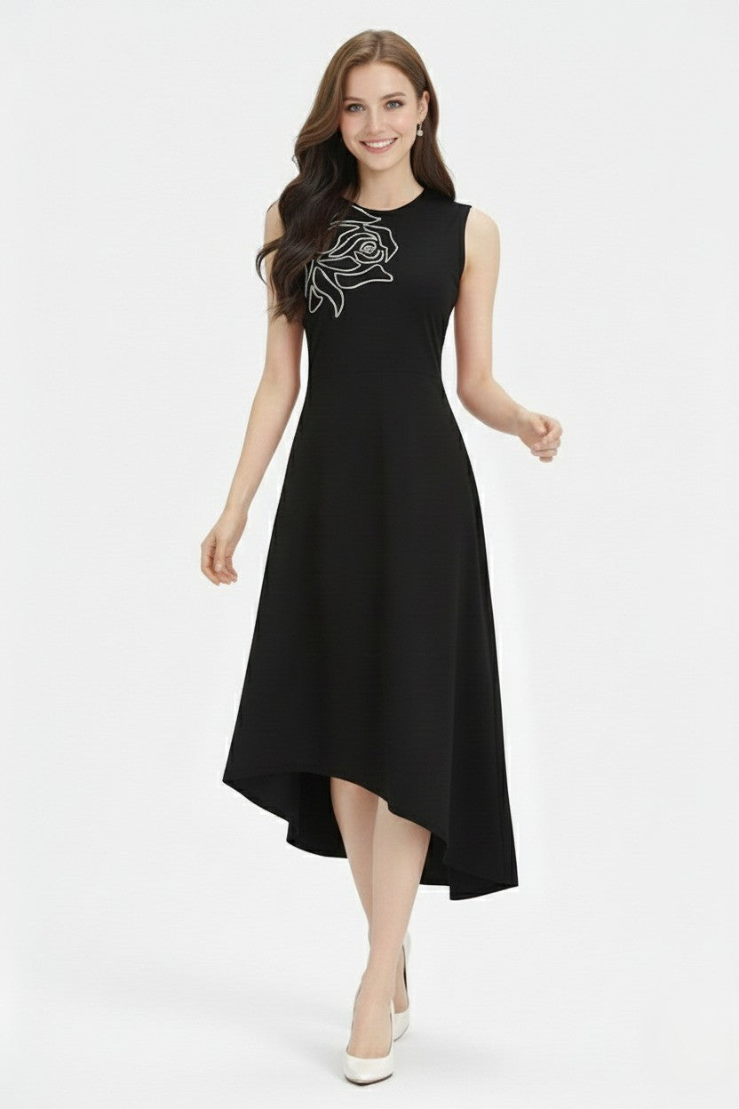 Black Embroidered Asymmetric Dress-ADR-19901