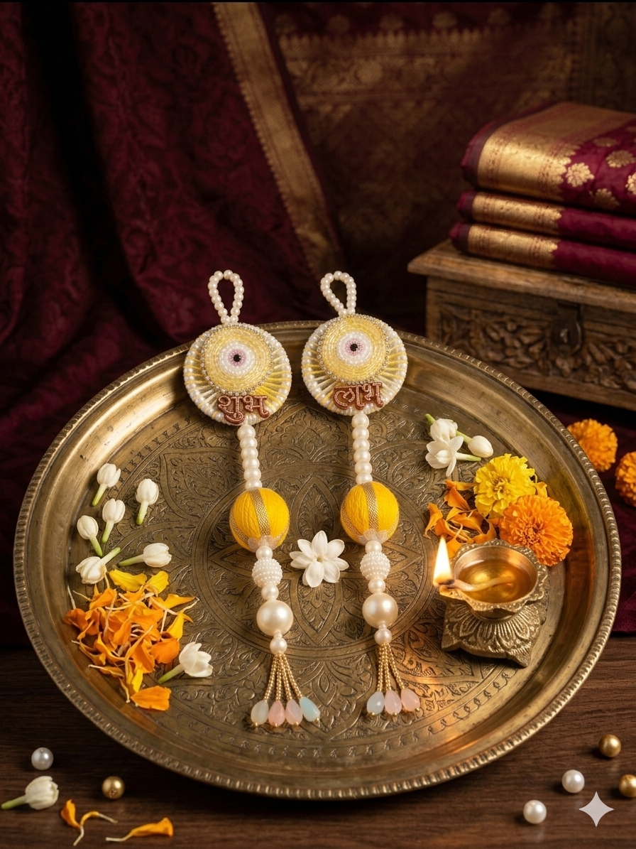Shubh Shringar Creations Shubh Laabh Beaded Door Hanging, Yellow, Handcrafted, 25x5 cm,1 Pair(Small Size)