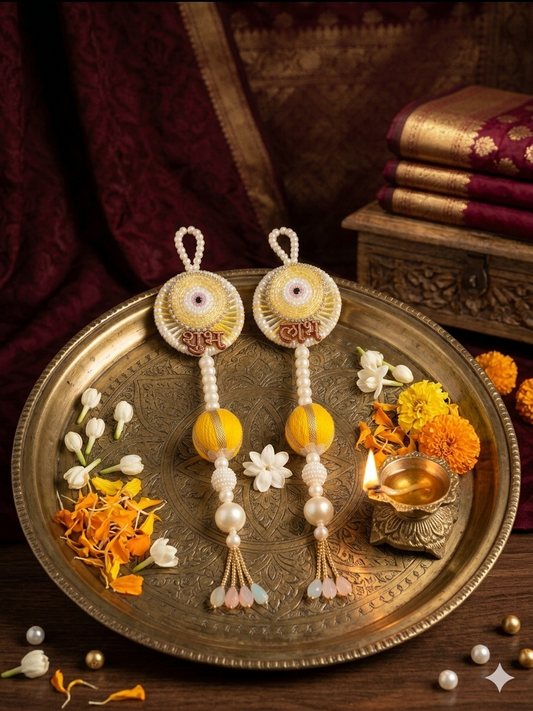 Shubh Shringar Creations Shubh Laabh Beaded Door Hanging, Yellow, Handcrafted, 25x5 cm,1 Pair(Small Size)
