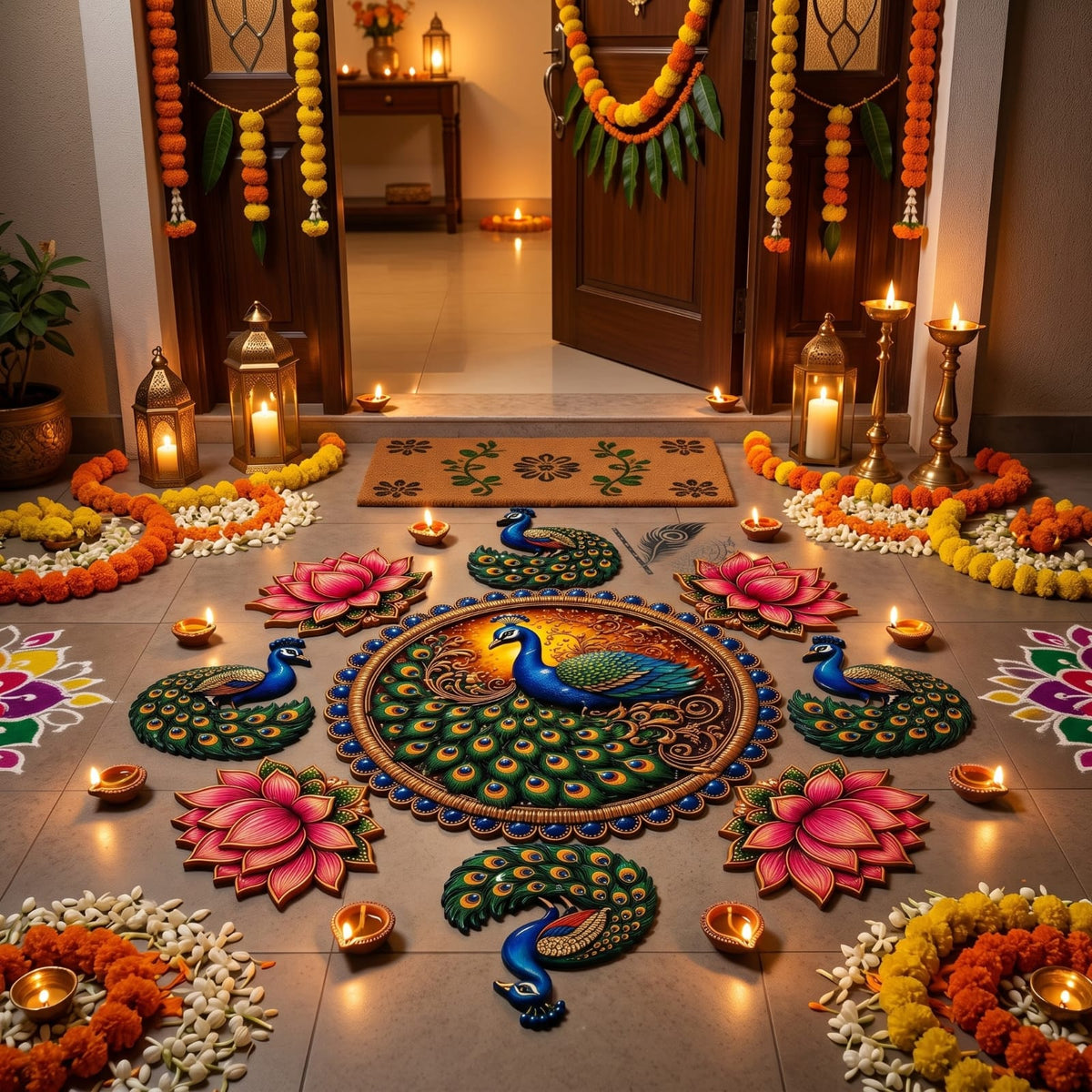 MDF Rangoli Set | Peacock lotus | 9 Pcs