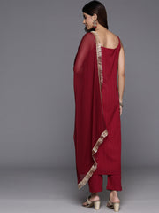 Women Maroon Round Neck, Spaghetti Strap Style Straight Kurta Paired With Tonal Bottom And Dupatta