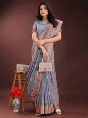 Teal Blue Linen Cotton Saree with Woven Geometric Zari Motifs – Elegant Festive Wear for Women