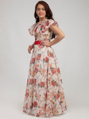 Silk Woven Half Sleeves Flower Print Flared Frock - Beige