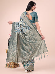 Graceful Pink Lichi Silk Saree with Contrast Blue Woven Border & Floral Zari Design – Wedding & Festive Wear