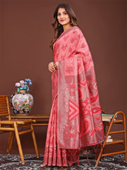 Grace in Every Thread: Pink Patola Linen Cotton Saree Woven with Cultural Elegance