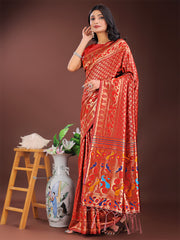 Vibrant Copper & Blue Banarasi Silk Saree with Colorful Pallu – Perfect Blend of Tradition and Festive Elegance