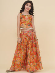Placement Print Sleeveless Above Knee Length Silk Top With Palazzo - Yellow