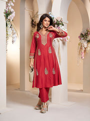 Red colour Embroiderd Anarkali Flared Kurta with Palazzos.