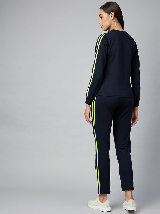 Women's Cotton Navy Blue Track Suit Set with Lime Green Stripe
