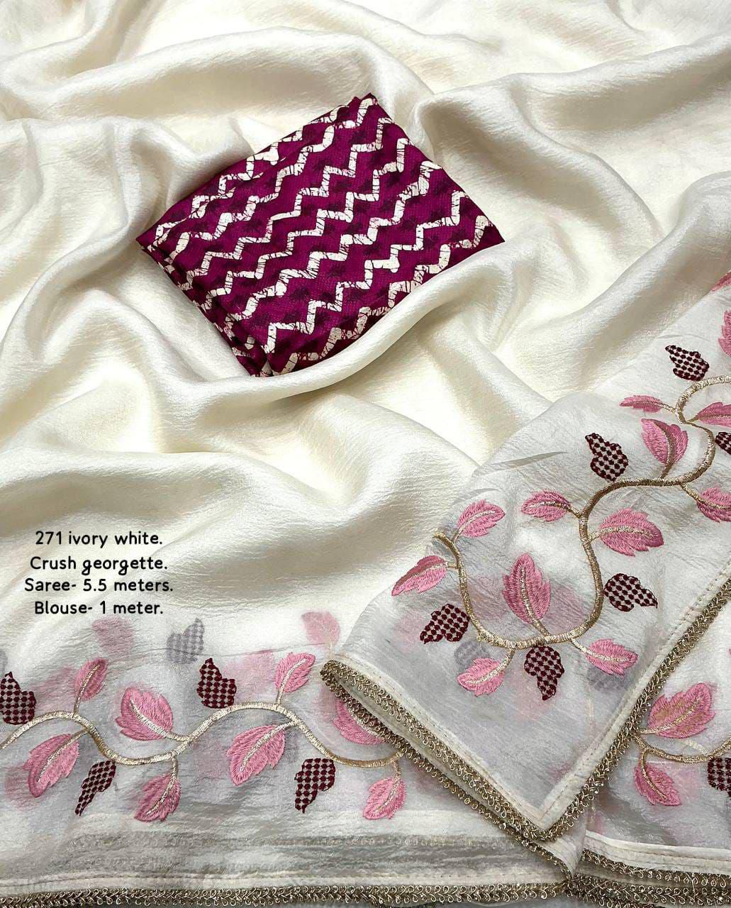 soft crush georgette saree with leaf design emboridary c-pallu with patched lace border