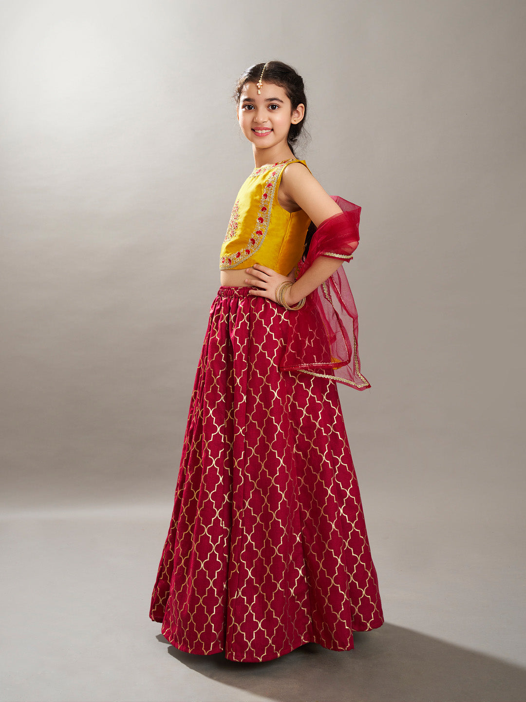 Girls Maroon & Yellow Foil Print with Embroidered yoke Choli, Lehenga with Dupatta