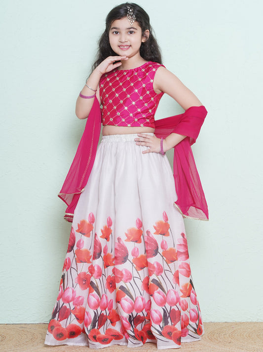 Girls Pink Mirror Work Ready to Wear Blouse & Digital Printededed Lehenga With Dupatta