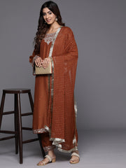 Women Rust Embroidered Straight Kurta With Bottom And Dupatta